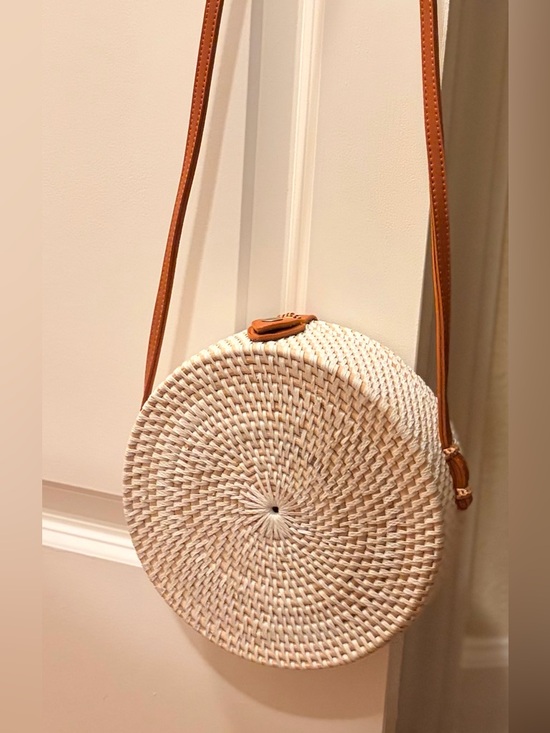 Bali Handbags - Bali 8” diameter Cream Woven Round Mini Bag with Brown leather Strap